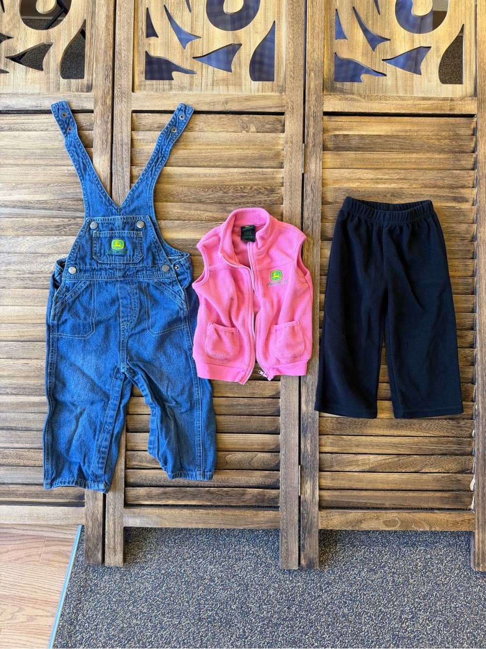 John Deere Blue Denim Overalls Pink Fleece Vest and Black Pants Kids Set 12-18 M